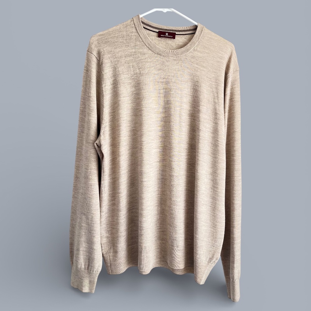 Bruno Magli MENS Tan Merino Wool Crewneck Sweater Fine Gauge Size XL